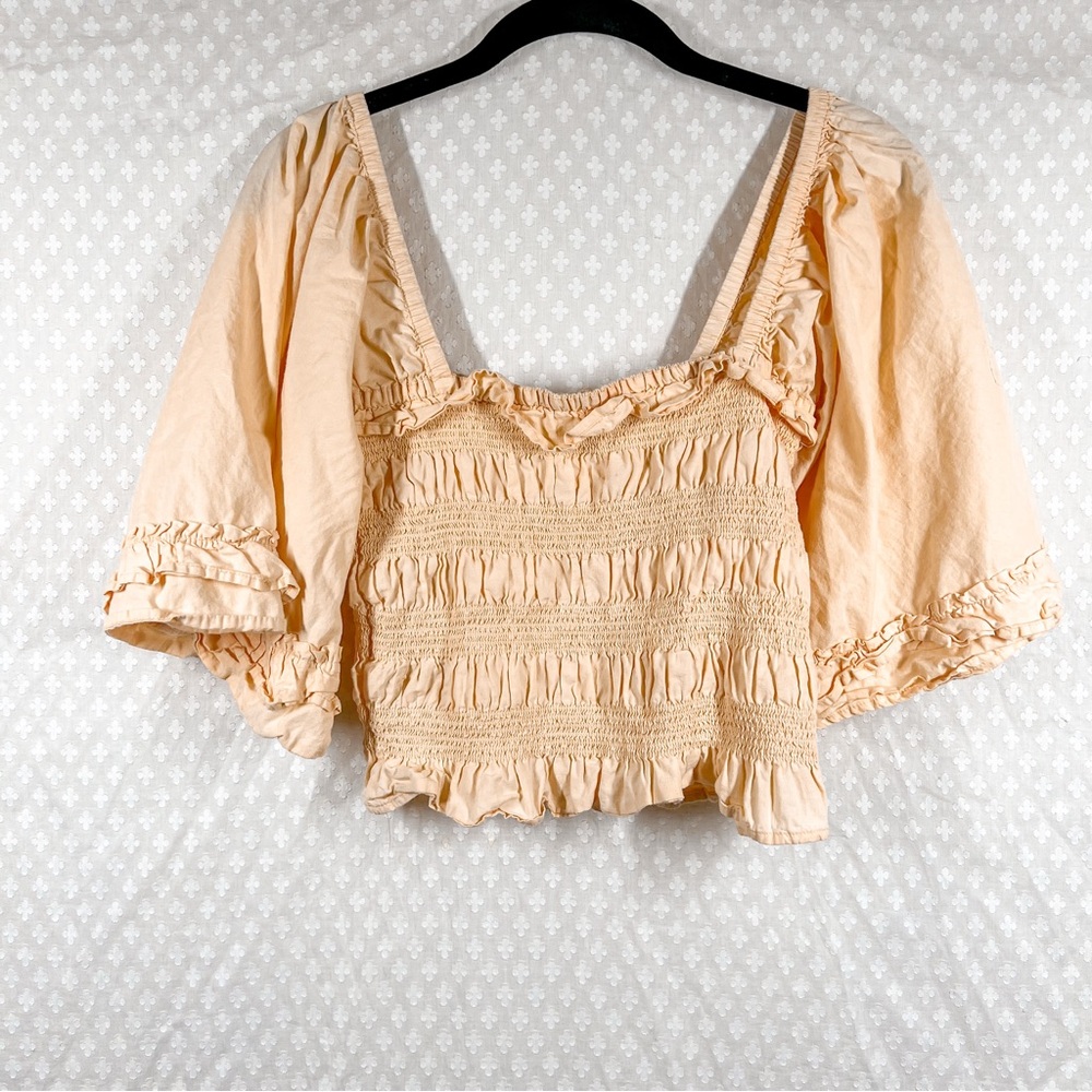 Free People Peach Smocked Bell Sleeve Crop Top